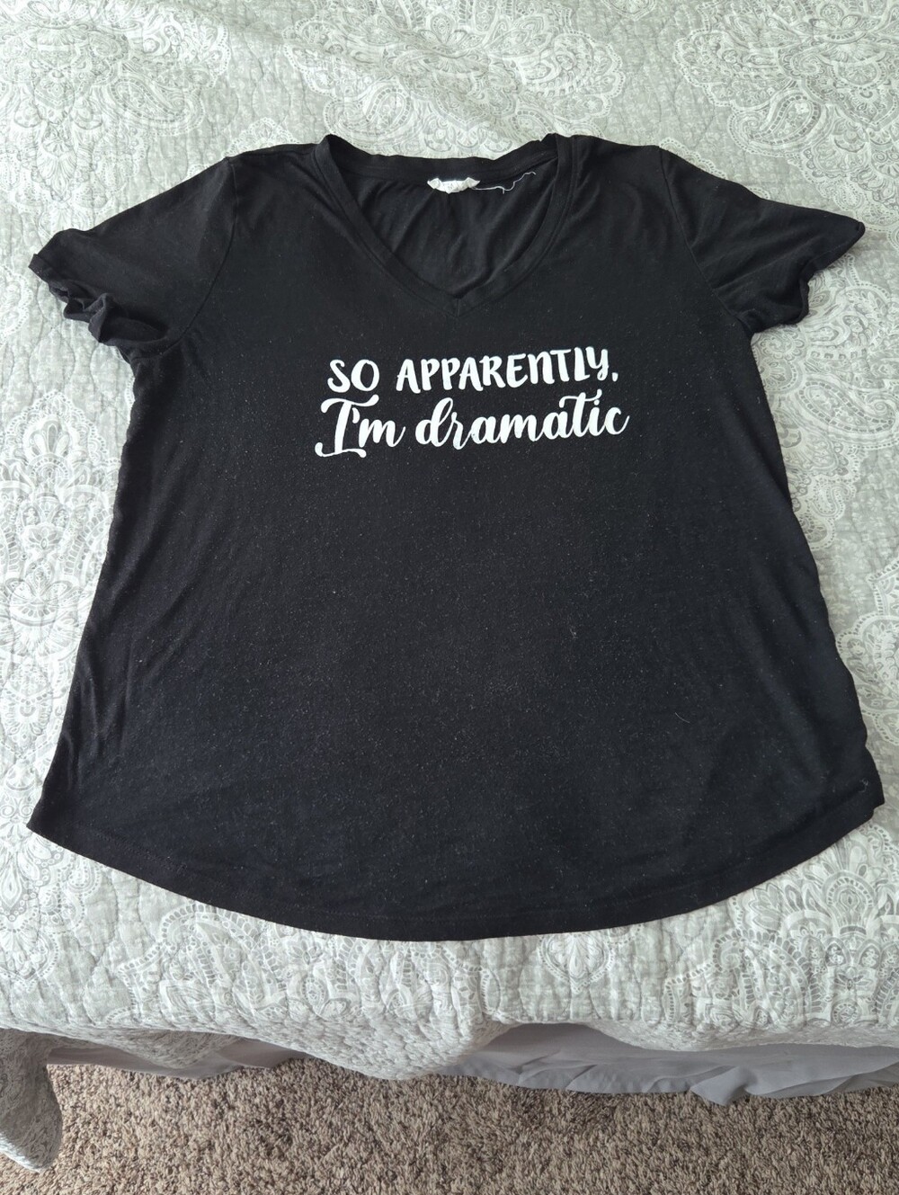 Maurices Black V-Neck Tee with White Script Graphic Size: Medium